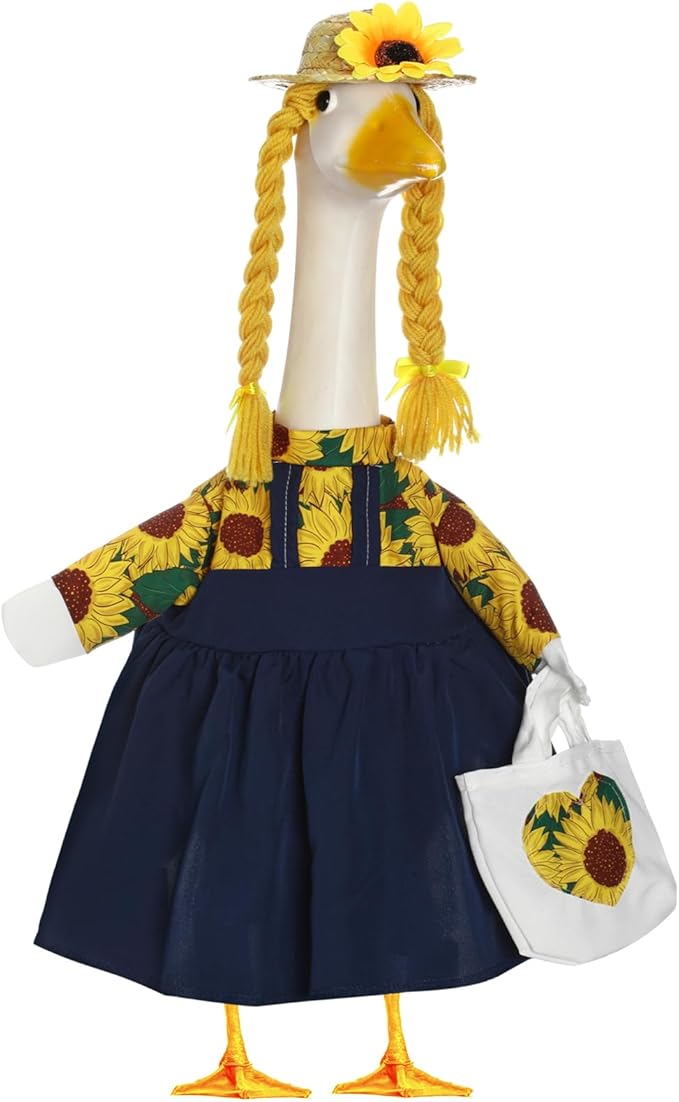 FuWeave Sunflower Goose Outfit for 23'' Cement Statue Porch Goose Clothes Flower Dress and Straw Hat for Large Statue Summer Outdoor Garden Patio Yard Lawn Art Decoration
