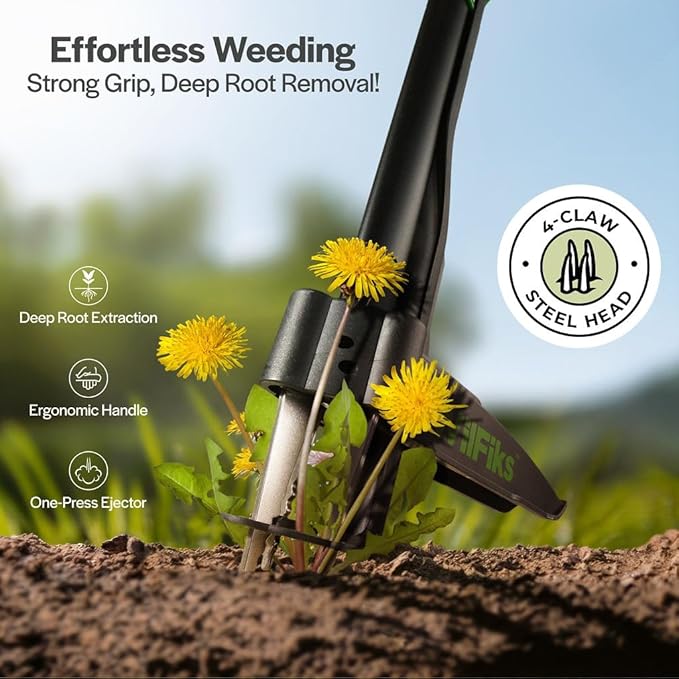 Weed Puller Tool with Long Adjustable Handle (36", 38", & 43"), Quick-Release Weed Ejector Mechanism, Lightweight Aluminum Stand-Up Heavy Duty Weed Remover, 4-Claw Head & Foot Pedal for Easy Weeding