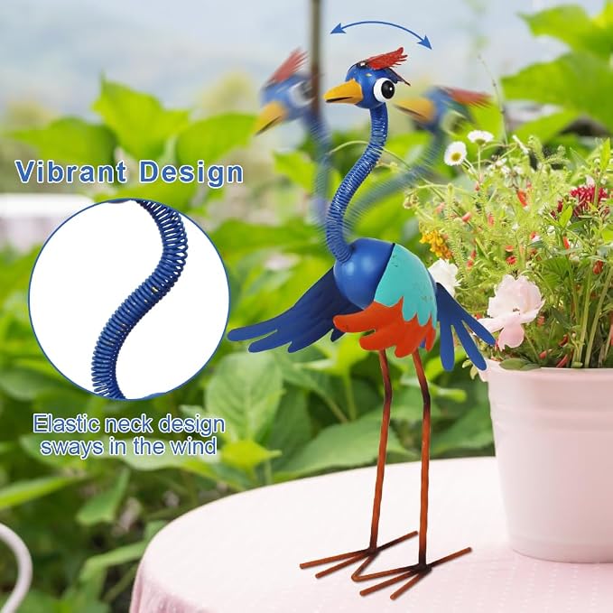 Metal Wacky Heron Garden Statue, 19‘’ Crane Garden Decor for Outside, Bird Yard Art for Outside, Patio, Backyard, Lawn (Blue & Cyan)