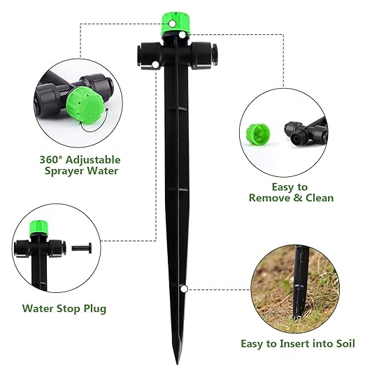 30pcs Drip Irrigation Emitters, Kalolary Adjustable 360 Degree Water Flow Emitters for 1/4" Tubing, Two-Way Connection Irrigation Drippers for Garden, Lawn, and Greenhouse Watering Systems(Green)