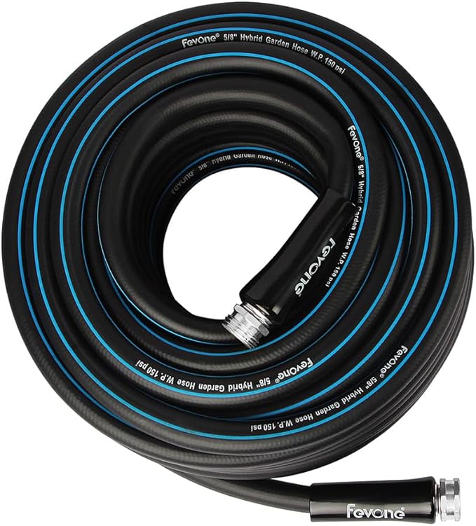 FEVONE 50 ft x 5/8 in No Kink Garden Hose, Heavy Duty Water Hose, Lightweight Hybrid Polymer, 3/4 in Aluminum Fittings for Lawn Watering, Yard Cleaning and Car Washing