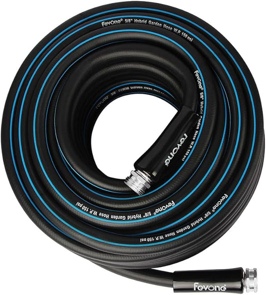 FEVONE 50 ft x 5/8 in No Kink Garden Hose, Heavy Duty Water Hose, Lightweight Hybrid Polymer, 3/4 in Aluminum Fittings for Lawn Watering, Yard Cleaning and Car Washing