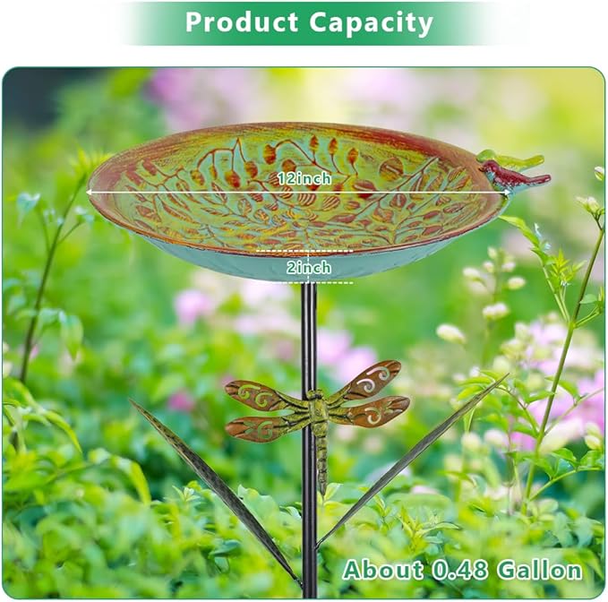 VEWOGARDEN 38" Tall Metal Bird Bath for Outside, Outdoor Bird Bath Feeder with Stable Stake for Garden, Yard, Patio Decor, Blue-Green