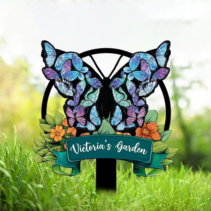 Personalized Metal Yard Sign, Custom Metal Stake Decor, Butterfly & Flower Design, Gift for Garden Lovers, Garden Decor (Butterfly & Flower)