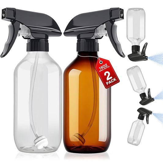 2 Packs Plastic Spray Bottles 360°Water Spray Bottle for Cleaning - 16.9 oz/500 ml Upside Down Spray Bottle Small Squirt Bottle with Adjustable Nozzle for Hair, Cooking, Plant, Pet (Clear + Brown)