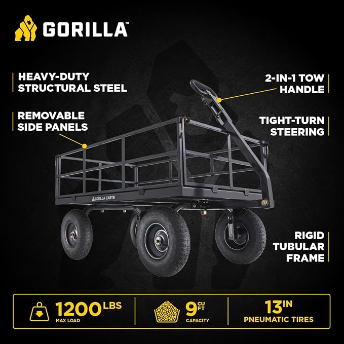 Gorilla Carts Steel Utility Cart, 9 Cu Ft Bed, 1200 lb Load Capacity, Black – Towable Heavy-Duty Outdoor Hauling Wagon with Removable Side Panels for Yard, Lawn, Garden or Landscaping