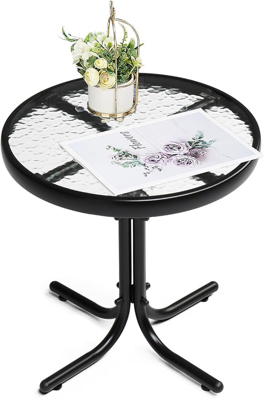 VINGLI Outdoor Side Table, 18" Patio Table Steel Frame Tempered Glass Top, Weatherproof Small Tables for Balcony Garden Poolside (Black, Round)