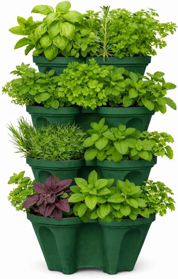 Large Vertical Planter Tower – 4 Tier Stackable Garden Planter, 16 Plant Sites, Commercial Grade Strawberry Planter, Heavy Duty Vertical Growing System with Center Support Hole (Deep Forest, Large)