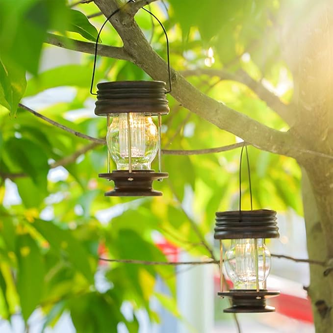 Hanging Solar Lights Outdoor - 1 Pack Solar Powered Waterproof Landscape Christmas Lanterns with Retro Design for Patio, Yard, Garden and Pathway Decoration (Warm Light)