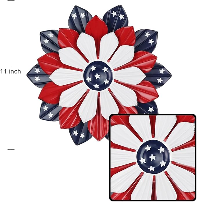 YEAHOME 4th of July Decorations Outdoor, 11" Red White and Blue Metal Flower Wall Art for Fourth of July Decor, Stars and Stripes Patriotic Decorations for Home Garden Lawn Porch