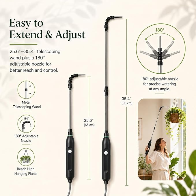 High Reach Plant Waterer for Indoor Plants, Electric Hanging Plant Waterer with 25.6"–35.4" Telescoping Watering Wand, 2000mAh Rechargeable Indoor Plant Watering Device with 6.8 ft Hose & Spray Nozzle