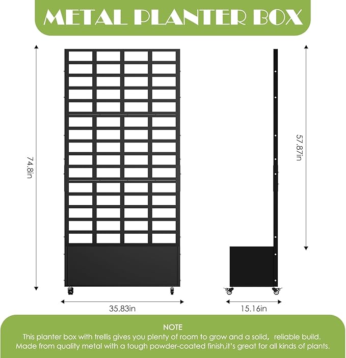 Metal Planter Box with Trellis for Climbing Plants, 74.8"x35.83"x15.16" Raised Garden Bed with Privacy Screen, Outdoor Planter with Drainage Holes, Black