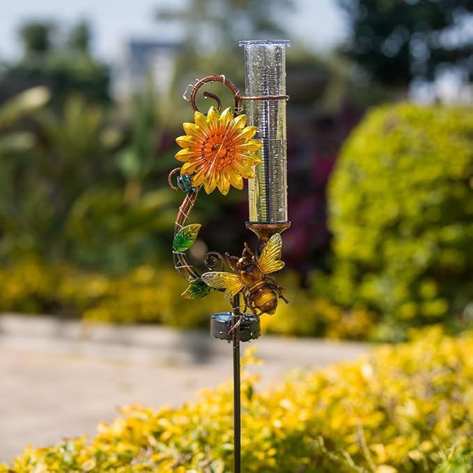 Stargarden Rain Gauge Outdoor, Solar Rain Gauge, Solar Measuring Gauge, Bee Decorative Rain Gauges for Yard Lawn Garden