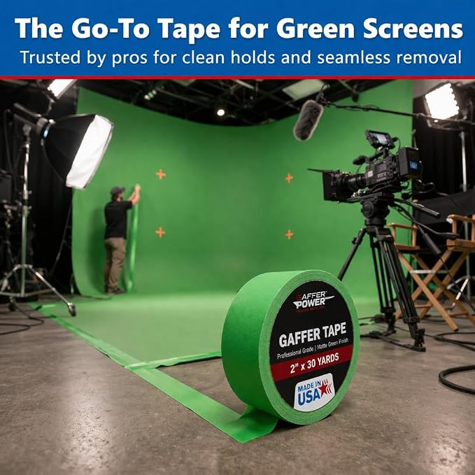 Green Screen Tape – Chroma Key Gaffer Tape for Photography, Video & Film – Non-Reflective Matte Finish, Residue-Free Removal, Strong Hold for Studio, Lighting & Background Setup (Green)