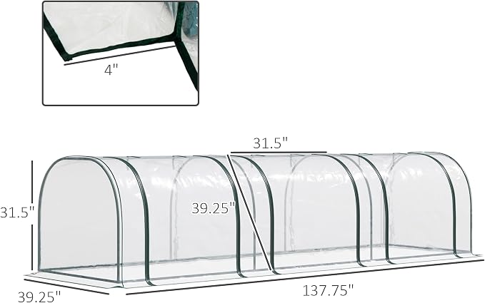Outsunny 11' x 3' x 2.5' Mini Greenhouse, Portable Tunnel Green House with Roll-Up Zippered Doors, UV Waterproof Cover, Steel Frame, Clear