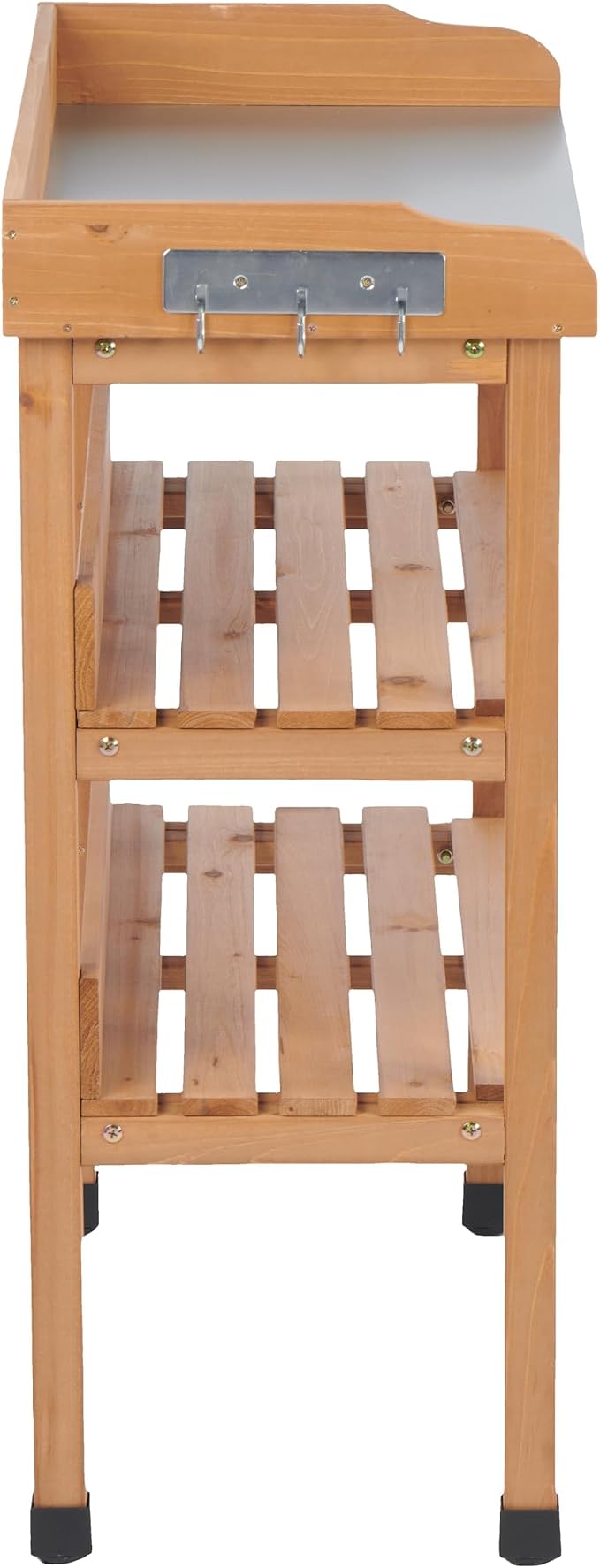 30" Outdoor Potting Bench Table with Metal Tabletop, Wooden Potting Table, 3 Tier Garden Work Bench Shelf with Hooks & Adjustable Feet for Patio Porch Balcony, Light Brown