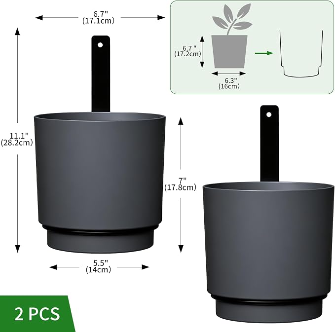 2 Pcs Wall Mounted Hanging Planter Vase for Indoor Outdoor Plants,Modern Metal Wall and Ceiling Hanging Flower Pot with Removable Flower Pot,Minimalist Decor for Herbs Succulents Flowers,6.7Inch,Grey