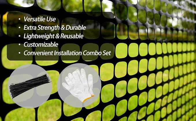 PotatoLife Plastic Mesh Fence Safety Fence, Extra Strength 4'x50' Roll with 100 Zip Ties, Resuable Temporary Netting for Garden Fencing, Construction, Snow Fencing, Animal Barrier, Poultry, Deer, Dog
