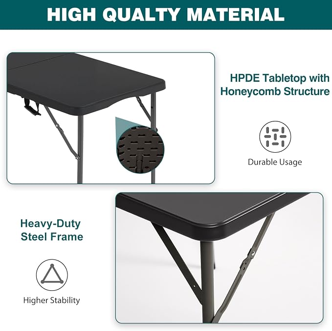 FDW 4 Foot Outdoor Dining Table, Foldable Portable Rectangular Plastic Folding Table with Built in Carrying Handle and Height Adjustable for Party and Wedding Use, Black