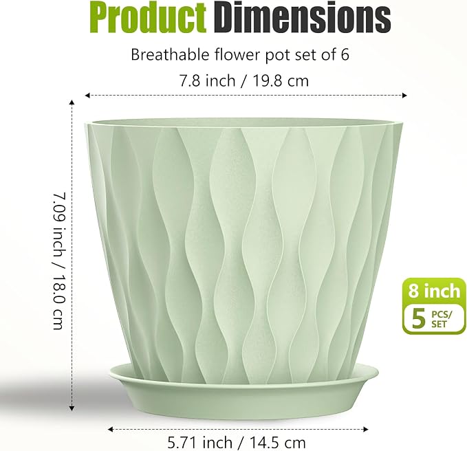 8 Inch Plastic Plant Pots,Set of 5 Flower Pots,Planters with Drainage Holes & Saucers, Indoor Outdoor Garden Pots for Home Decor(Green)
