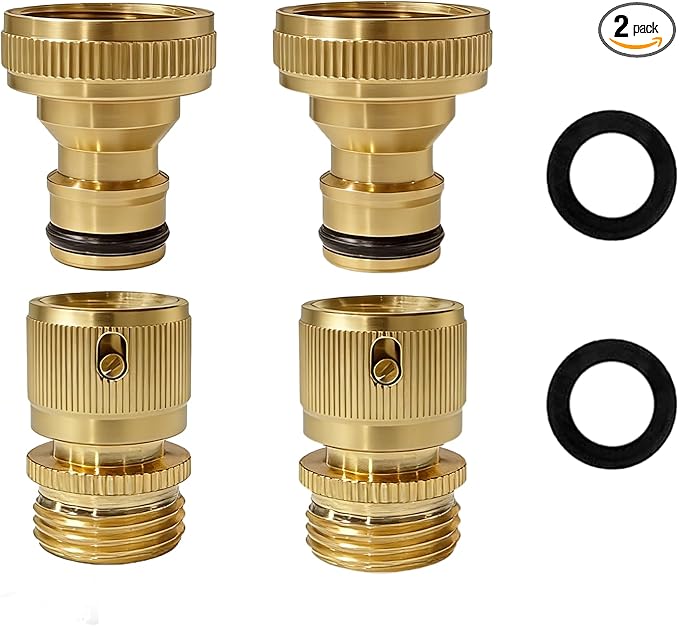 3/4 Inch GHT Solid Brass Garden Hose Quick Connect Fittings, Water Hose Connectors with Leak-Proof Seal for Outdoor Gardening and Cleaning Use (2, Gold)