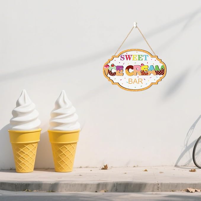 HOURIA Colorful 3D Ice Cream Summer Wooden Sign (11.4”x7.5”), Vintage Sweet Ice Cream Bar Sign Hanging Plaque,Sweet Summer Themed Wall Decor for Birthday Party Shop Holiday Home Decor