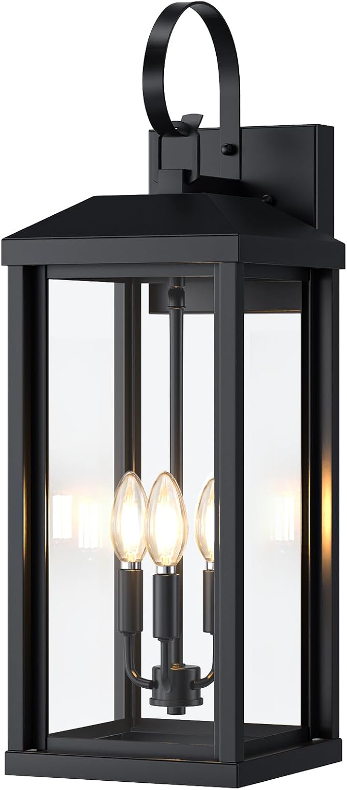 24Inch Extra Large Outdoor Sconce Light 1-Pack, Waterproof Oversized Outdoor Porch Light for House with Tempered Glass, Modern Black Exterior Lighting Fixture, Outside Coach Light for Garage