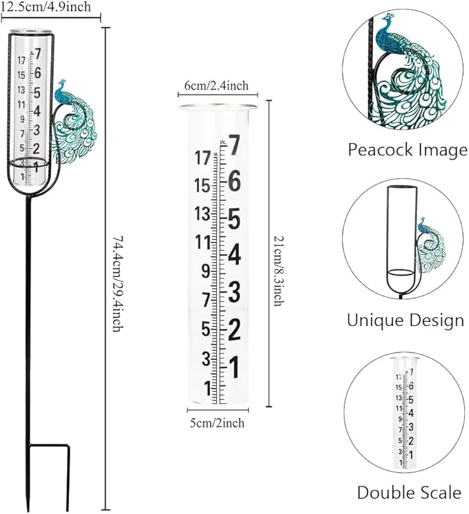 Stargarden Rain Gauge, Outdoor Peacock Rain Gauge, 7 Inch Tube Rain Measure Tool for Yard, Lawn, Garden Decor