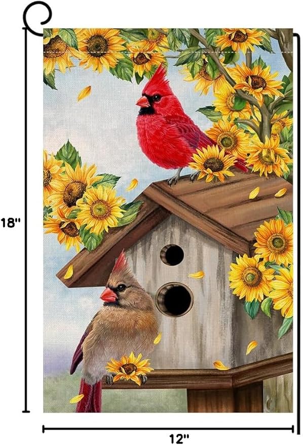 BLKWHT Summer Sunflowers Cardinal Bird Garden Flag 12x18 Vertical Double Sided Yellow Flowers Spring Farmhouse Holiday Outside Decorations Burlap Yard Flag BW815