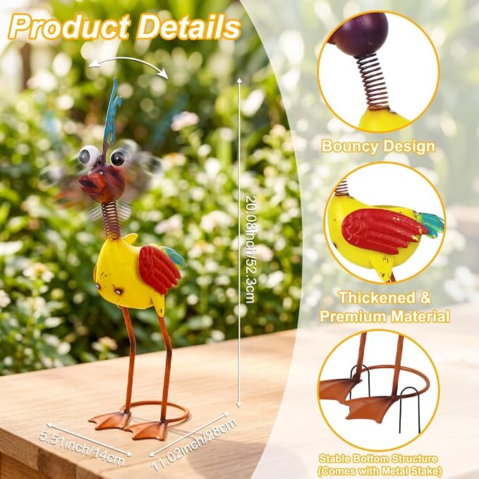 Metal Wacky Rooste Garden Statue, 20‘’ Rooster Decor Yard Statue Decorations Outdoor, Chicken Yard Art for Outside, Patio, Backyard, Lawn (Gold)