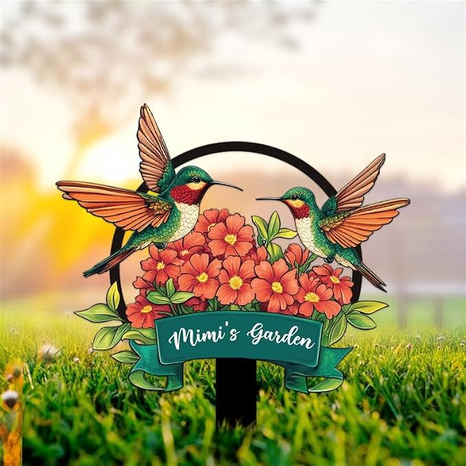 Personalized Metal Yard Sign for Mother's Day, Bird & Flower Design, Gift for Garden Lovers, Metal Sign, Garden Decor (Hummingbird)