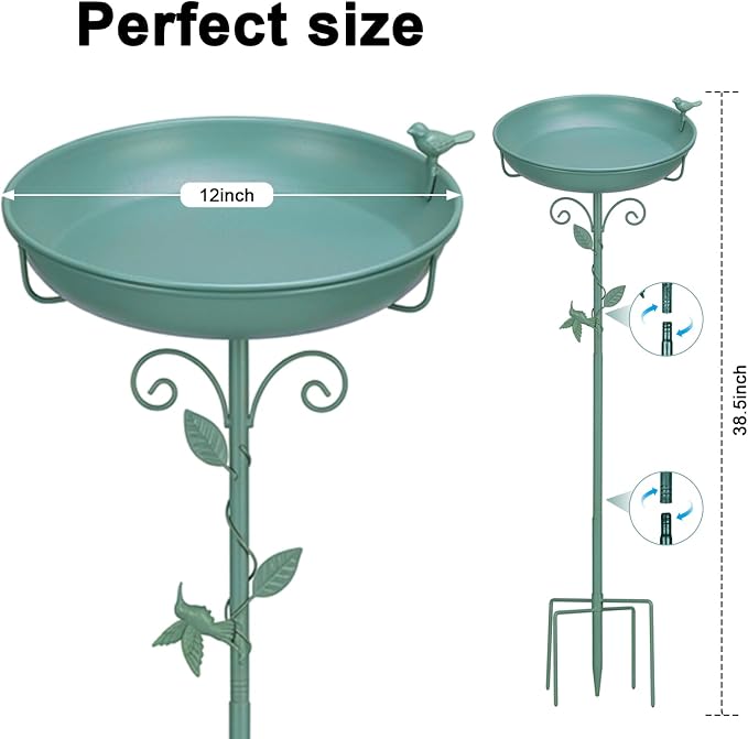 Bird Bath for Outside with 2 Bird Decor, Hummingbird on Pole & Sparrow on Bowl, 38.5 Inch Height Garden Birdbath, 12 Inch Antique Green Freestanding Birdfeeder Bath for Yard Patio