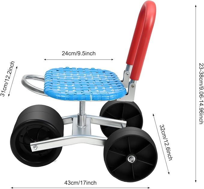 Rolling Garden Work Seat with Wheels, Gardening Helper with 3 Wheels, 360° Rotation Stable Workseat Sturdy Cart with Adjustable Seat Height & Direction for Vegetable Gardens, Orchards, Farms