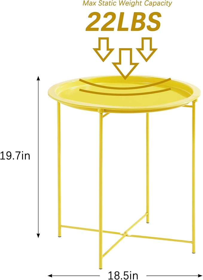VECELO Side/End Table, Folding Round Metal Anti-Rust and Waterproof Outdoor or Indoor Tray for Living Room Bedroom Balcony and Office, 1 PCS,Yellow