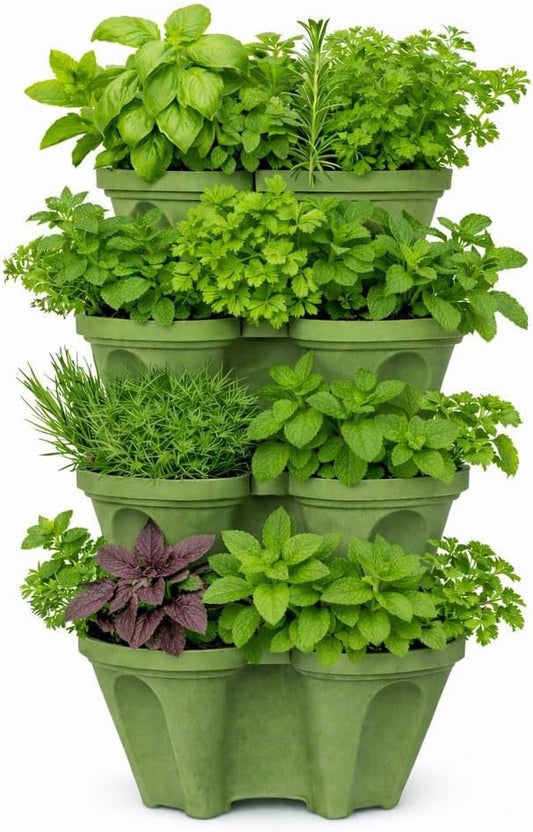 Large Vertical Planter Tower, 4 Tier Stackable Garden Planter, 16 Plant Sites, Heavy Duty Strawberry Planter, Vertical Growing System with Center Hole, Made in USA (4, Sagebrush Green, Large)