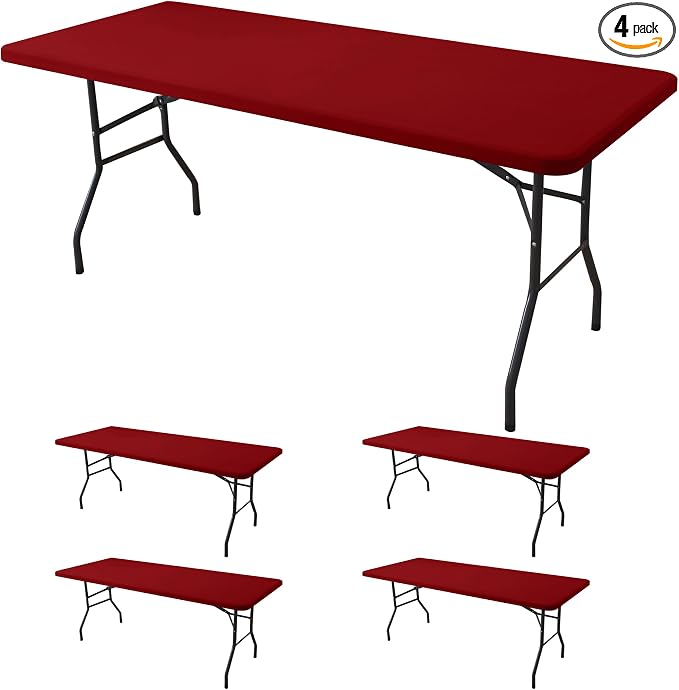 Fitted Tablecloth for 8 Foot Rectangle Tables-4 Pack Red Elastic Outdoor Picnic Table Cover-Spandex Stretch Christmas Table Cloths 8ft for Camping Dining Room Patio Kitchen Banquet Party