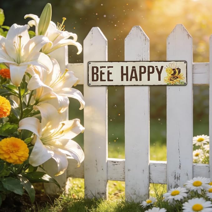 Bee Happy Garden Metal Tin Sign, Vintage Sunflower Decor, Rustic Farmhouse Garden Wall Decor, for Yard Fence Door Porch, Outdoor Gardens Decoration, Ideal for Bee Lovers, 15.7 x 3.9 Inches