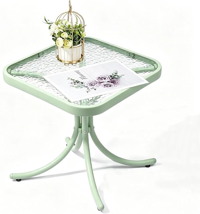 VINGLI Outdoor Side Table, 18" Patio Table Steel Frame Tempered Glass Top, Weatherproof Small Tables for Balcony Garden Poolside (Green, Square)