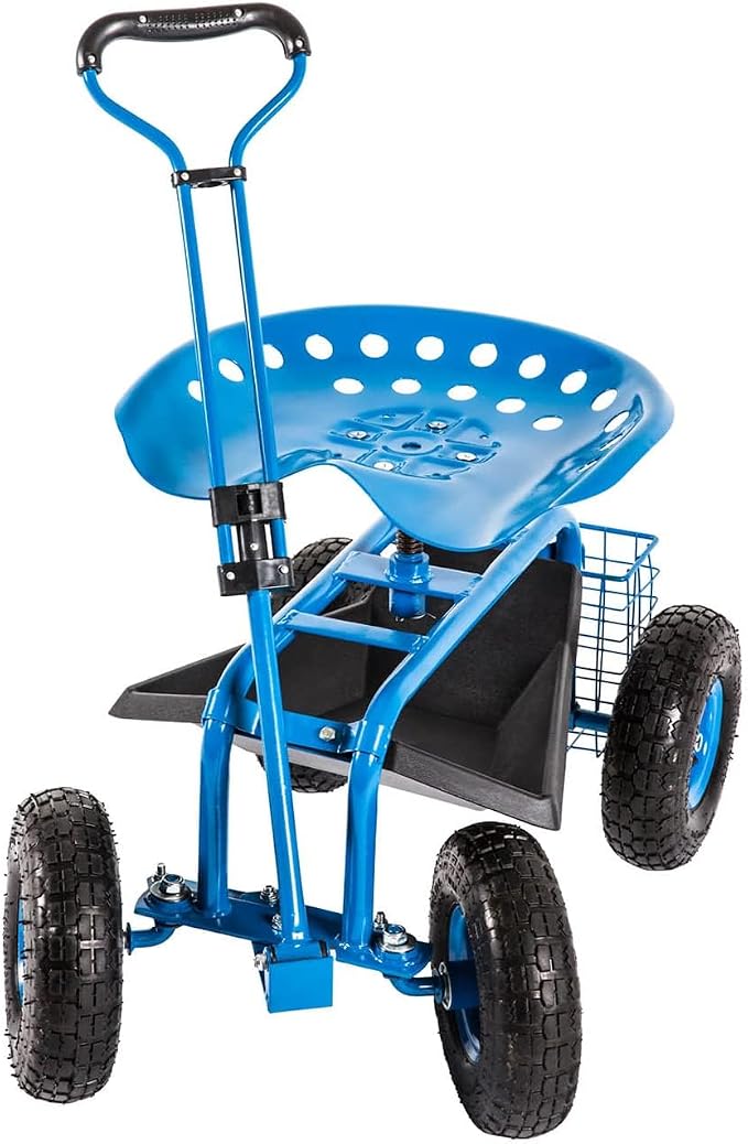 Peach Tree Garden Cart Rolling Work Seat Outdoor Utility Lawn Yard Patio Wagon Scooter for Planting, Adjustable Handle 360 Degree Swivel Seat Blue