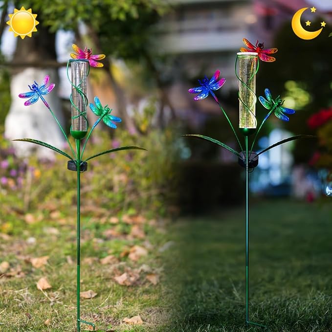 Stargarden Rain Gauge Outdoor, Dragonfly Solar Rain Gauge with 7" Plastic Tube, Decorative Rain Gauge for Yard Garden Patio Lawn