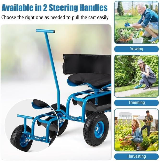 ERGOMASTER Rolling Garden Seat with Wheels,360 Degree Swivel Seat Gardening Stool for Planting,Tool Storage & 2 Steering Handles,Use for Patio, Yard, and Outdoors Workseat, Blue