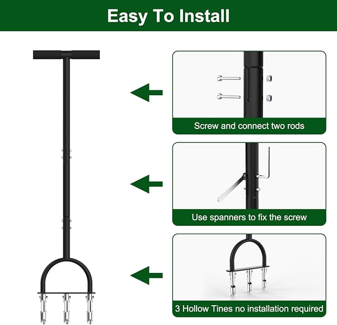 Lawn Aerator Coring Tool, Aerator Lawn Tool with 3 Hollow Tines, Manual Core Aerator for Lawn Garden Care and Loosen Compacted Soil, Lawn Aeration, Garden Tool