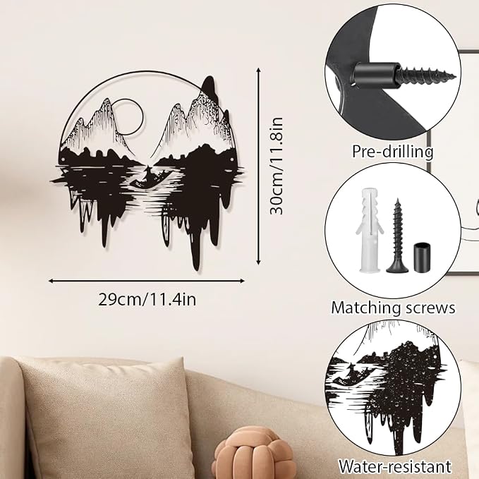 Black Metal Mountain Wall Art Minimalist Forest Silhouette Art Rustic Natural Hunting Home Wall Decor Sign Ornaments Gift for Living Room Garden Bedroom Balcony Patio (Amidst the mountains and rivers)