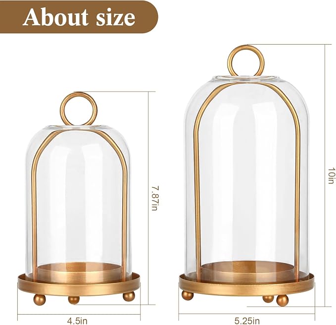 Vintage Brass Metal Candle Lantern with Thick Glass Dome – Set of 2 Shabby Chic Style Candle Holders (5.25"x10" & 4.5"x7.87") – Hanging or Tabletop Decor for Pillar Candles, Plants