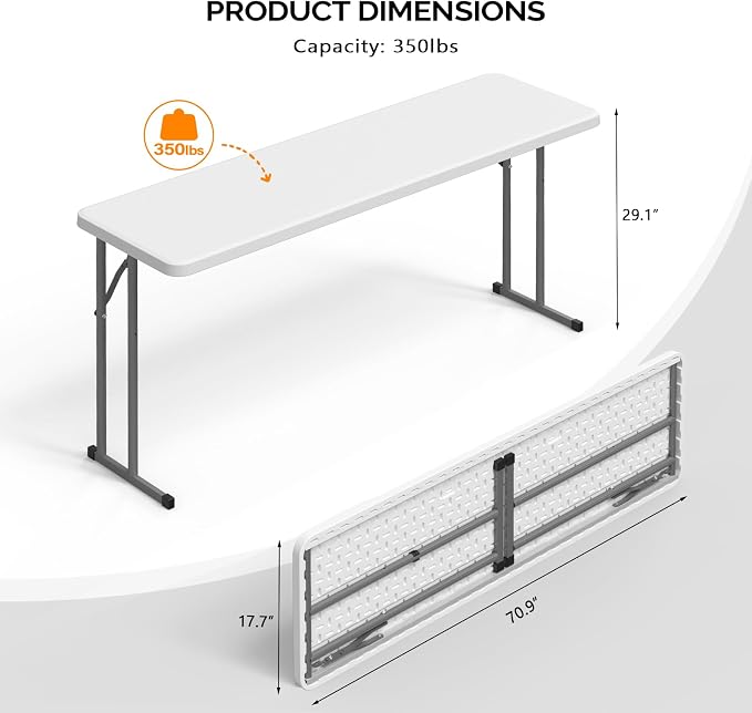 VINGLI 5 FT Narrow Folding Table,Premium Quality HDPE Material and Sturdy Metal Frame, Perfect for Buffet, Seminar, Party, Training, Home Work, White