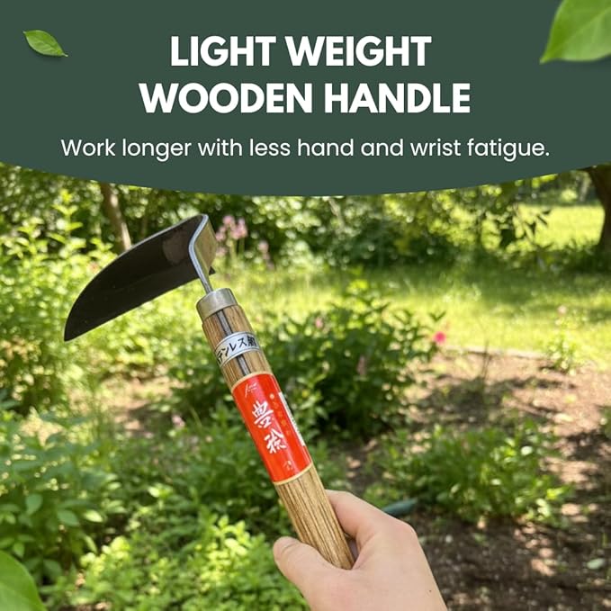 Hounen Miyawaki Nejiri Kama Weeder – Japanese Weeding Sickle, Twisted Stainless Steel, 4.7 in (12 cm) Blade, 13 in (33 cm) Wood Handle, Root Slicer for Garden Beds & Crabgrass, Made in Japan