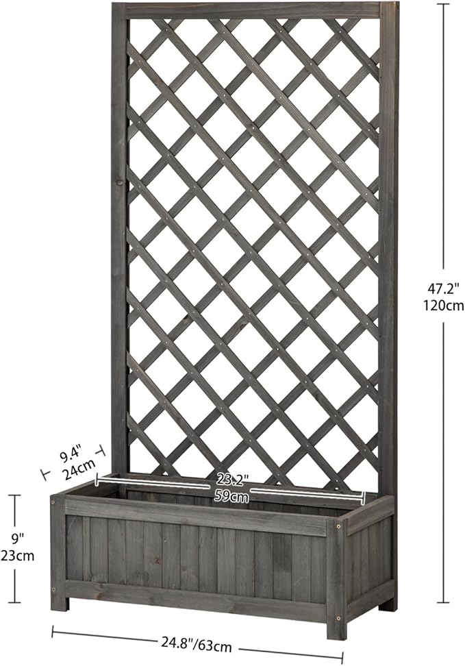 Wooden Raised Garden Bed with Trellis, 47" Outdoor Planter Box for Climbing Plants, Vertical Modern Gray Garden Planter for Vegetables, Flowers & Vines, Lattice Plant Support for Patio Yard Balcony