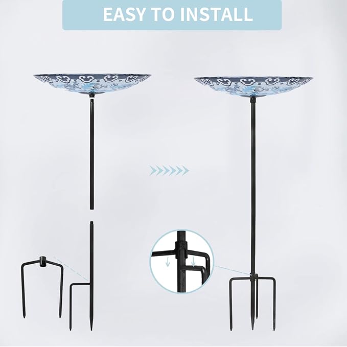 MUMTOP Glass Bird Bath, Garden Outdoor Birdbaths Birdfeeder with Metal Stake, Blue