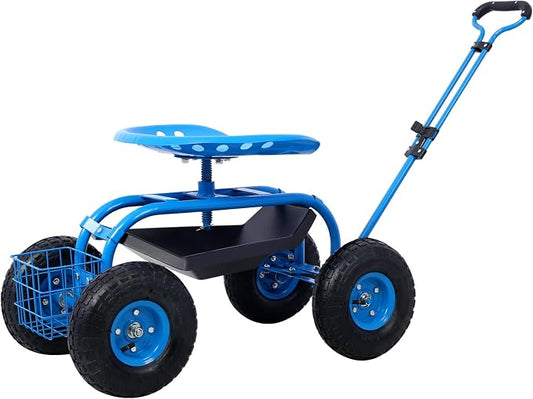 Rolling Garden Cart with Seat 360 Degree Swivel Seat Garden Scooter, Heavy Duty Garden Stool with Wheels, Utility Tool Tray Basket, Blue
