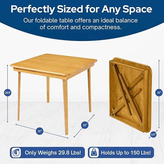 Stakmore Classic Straight Edge Square Wood Folding Card Table, 32" x 32", Oak - Foldable Wooden Tabletop Furniture for Cards, Board Games, Dining, and Extra Seating